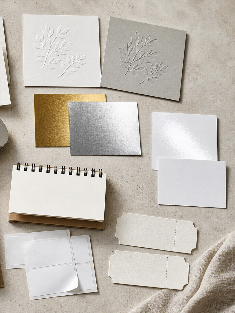 Generic matte, gloss, emboss, deboss and metallic foil finishing samples