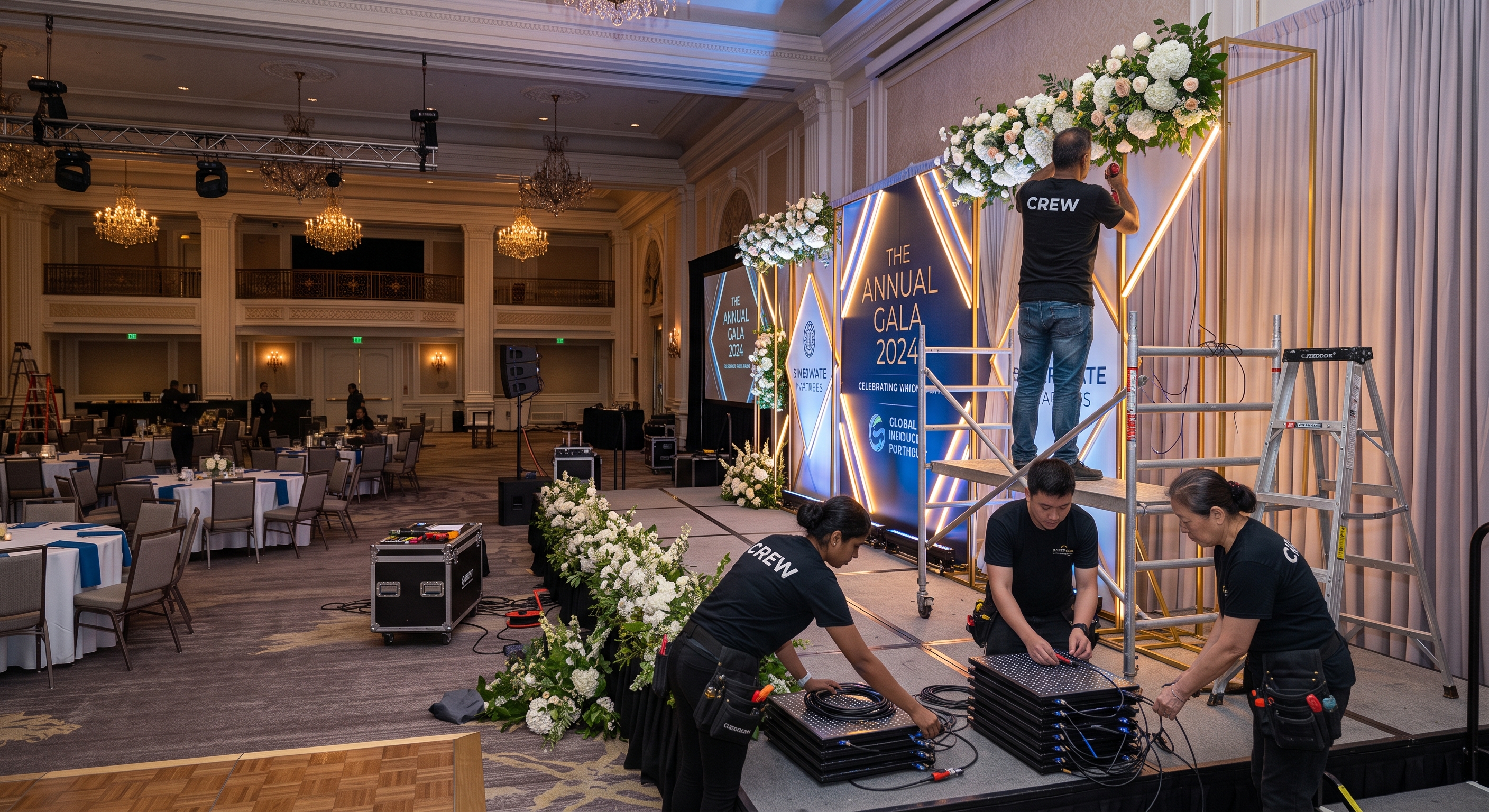Generic professional event crew setting up backdrop, balloons and filming equipment