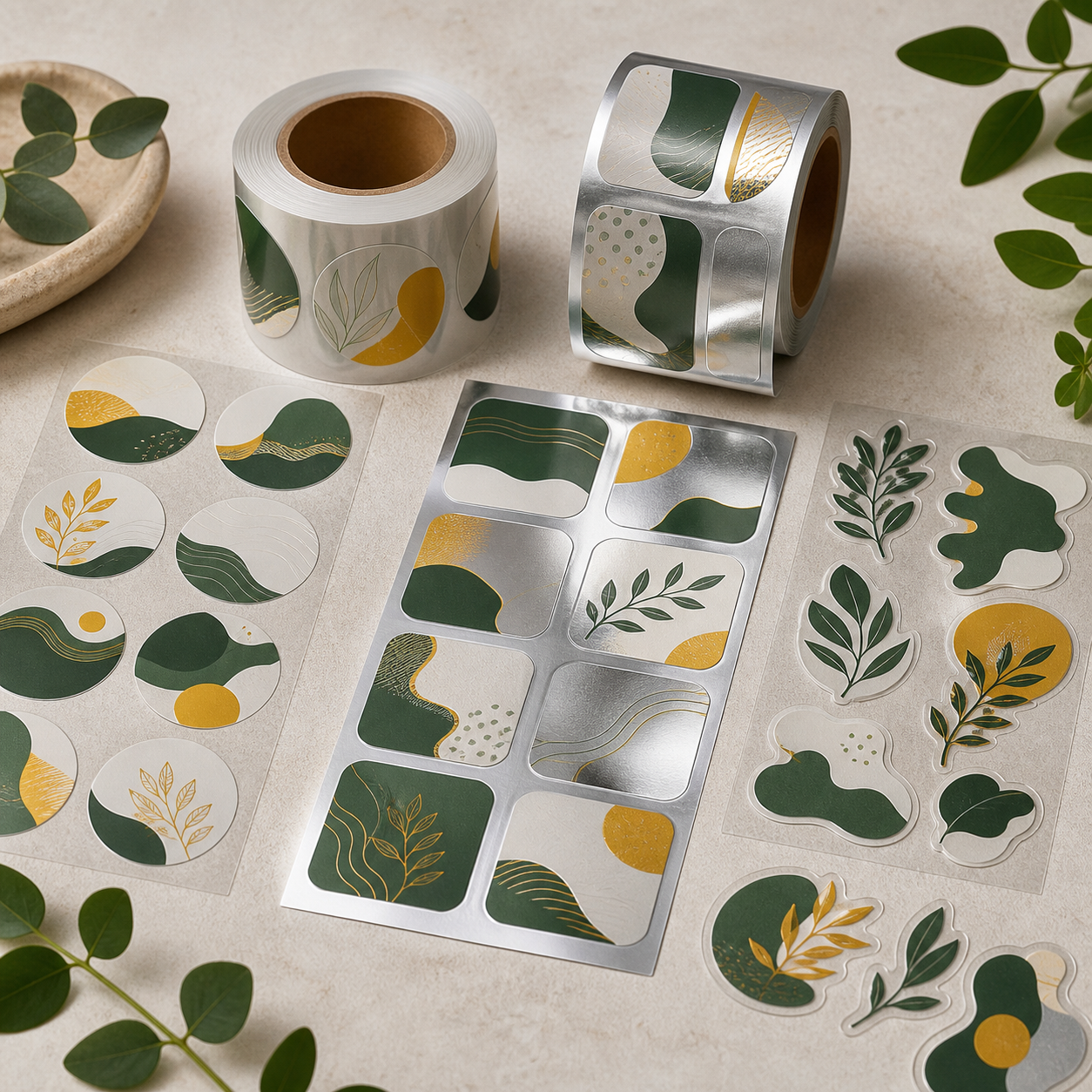 Generic clear, waterproof and silver-film labels and stickers with a tasteful printed treatment